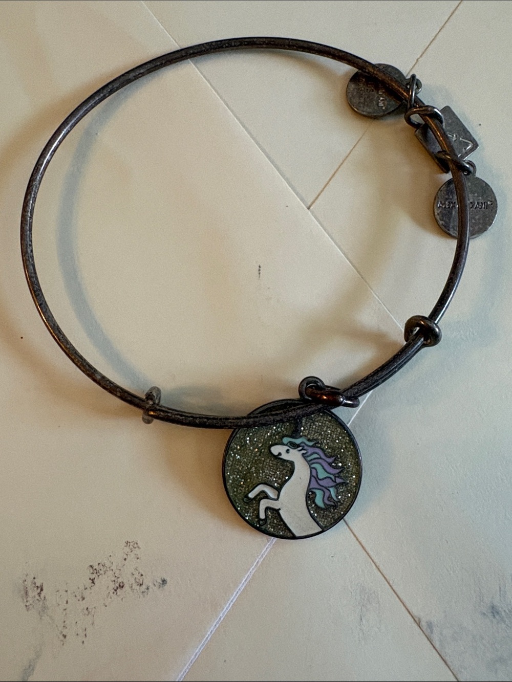 Alex and Ani Unicorn Charm Bangle with Green Glitter and Purple Mane